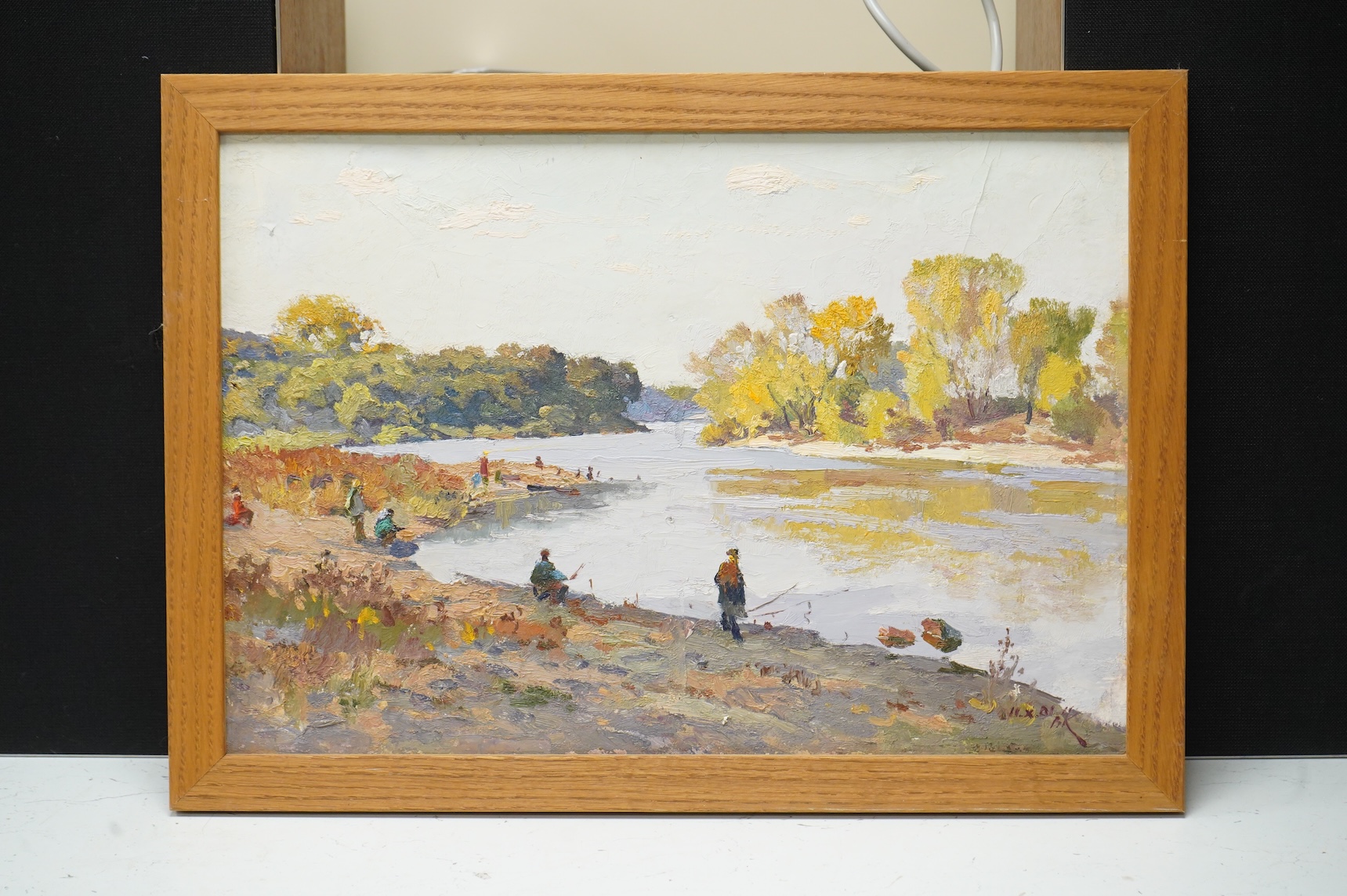 Stepan Lvovich Koshevoi (1921-1977), riverscape with anglers, signed, oil on board, 33 x 47cm